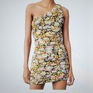 NEW‎ Zara Floral Ruched One Shoulder Mini Dress